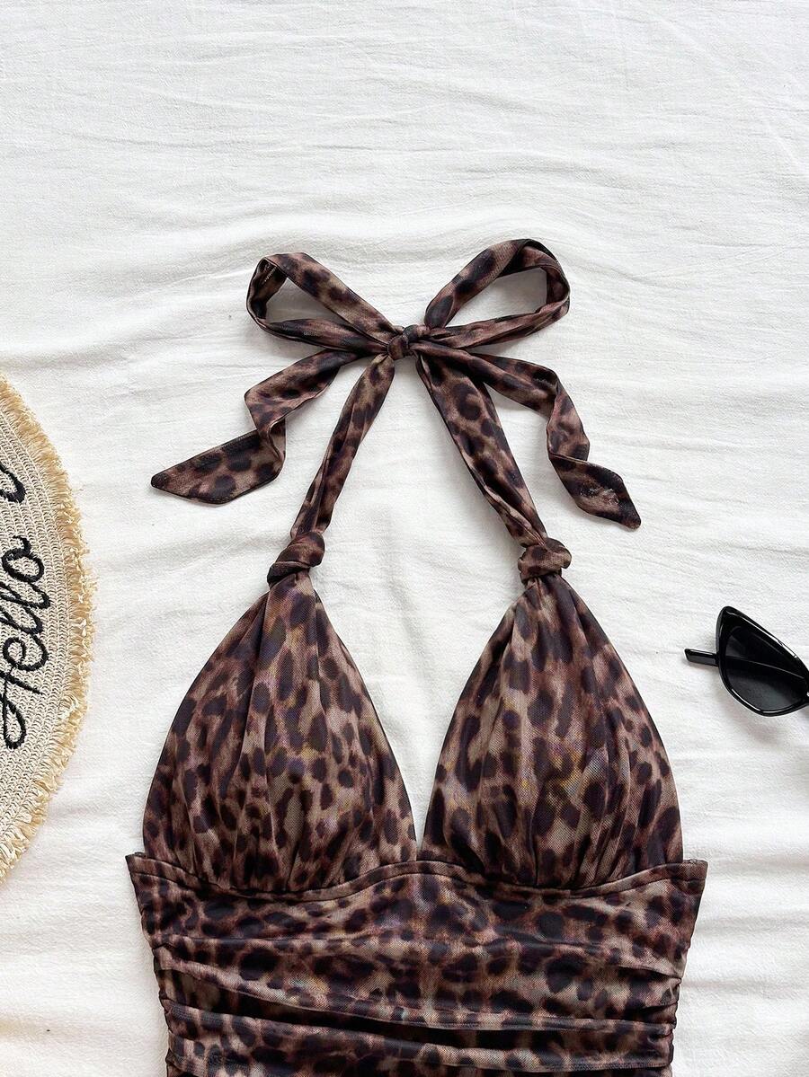 Soleia – Robe mini nouée devant en mesh froissé avec col en V