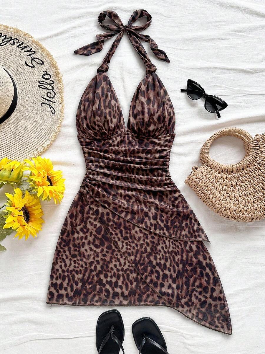 Soleia – Robe mini nouée devant en mesh froissé avec col en V