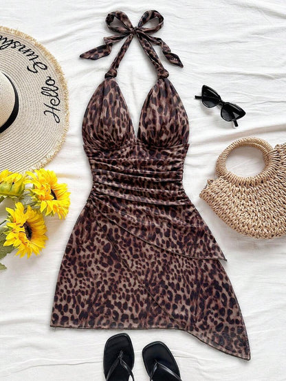 Soleia – Robe mini nouée devant en mesh froissé avec col en V