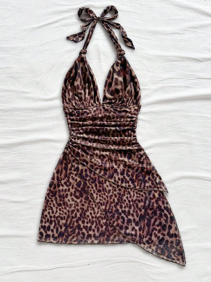 Soleia – Robe mini nouée devant en mesh froissé avec col en V