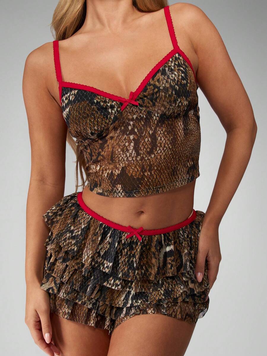 MISSGUIDED – Ensemble à volants serpent, top corset et mini-jupe