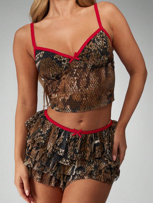 MISSGUIDED – Ensemble à volants serpent, top corset et mini-jupe