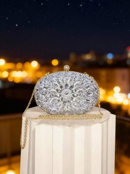 Dedoo – Sac de soirée ovale en strass avec chaîne dorée et design tournesol