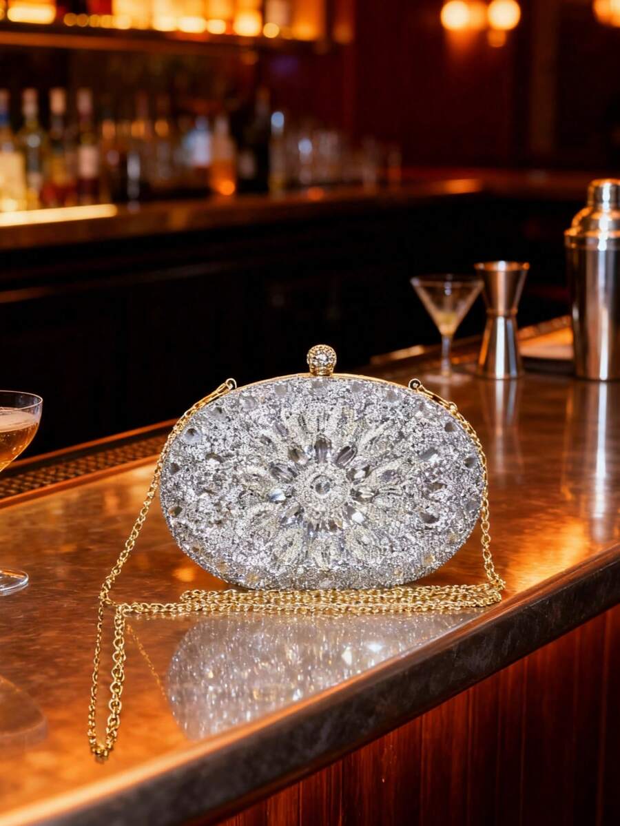 Dedoo – Sac de soirée ovale en strass avec chaîne dorée et design tournesol