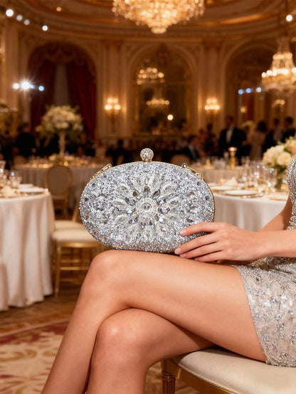 Dedoo – Sac de soirée ovale en strass avec chaîne dorée et design tournesol