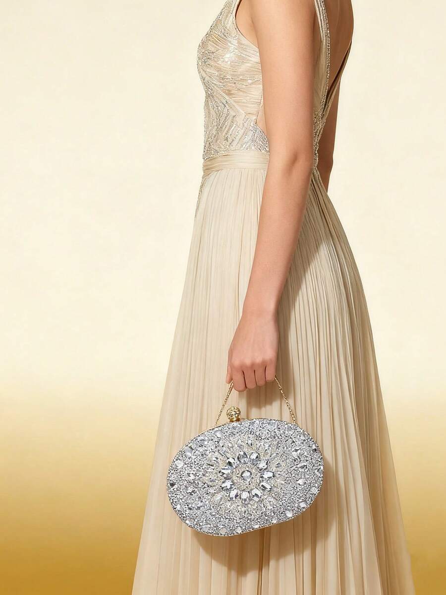 Dedoo – Sac de soirée ovale en strass avec chaîne dorée et design tournesol