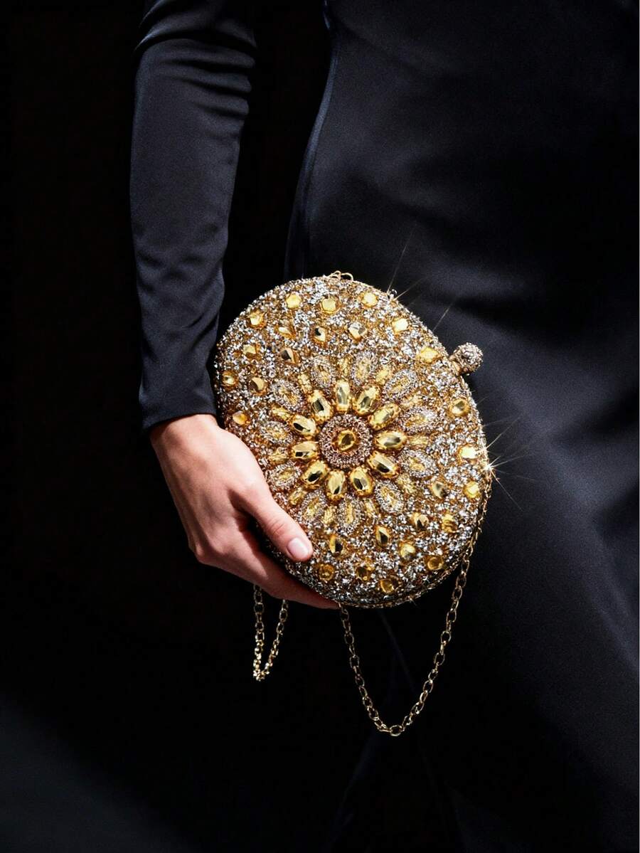 Dedoo – Sac de soirée ovale en strass avec chaîne dorée et design tournesol