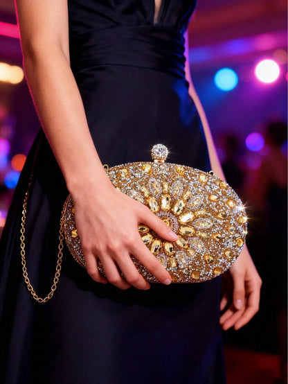 Dedoo – Sac de soirée ovale en strass avec chaîne dorée et design tournesol
