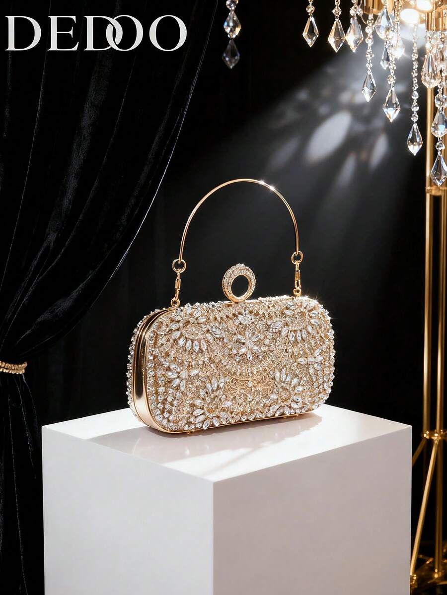 Dedoo – Sac de soirée ovale en strass avec chaîne dorée et design tournesol