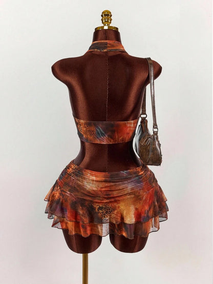 Amplova – Ensemble 2 pièces top ras-du-cou et mini-jupe ultra taille basse