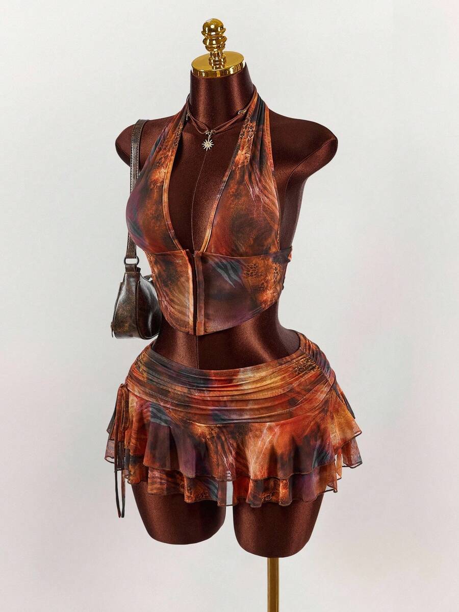 Amplova – Ensemble 2 pièces top ras-du-cou et mini-jupe ultra taille basse