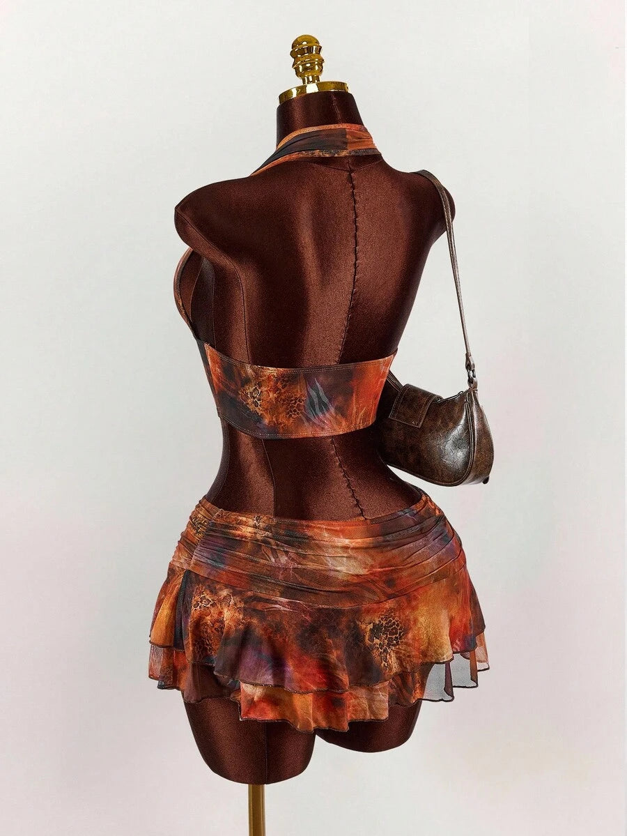 Amplova – Ensemble 2 pièces top ras-du-cou et mini-jupe ultra taille basse