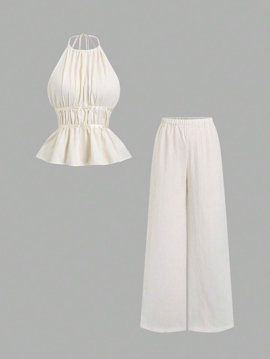 Sweetra – Ensemble 2 pièces avec top buste dégagé et pantalon ample à jambes larges