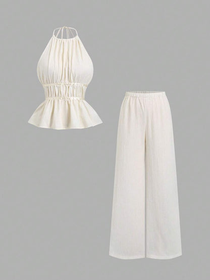 Sweetra – Ensemble 2 pièces avec top buste dégagé et pantalon ample à jambes larges