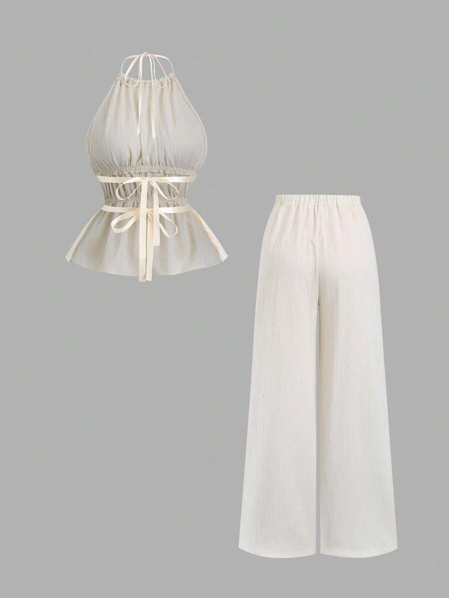 Sweetra – Ensemble 2 pièces avec top buste dégagé et pantalon ample à jambes larges