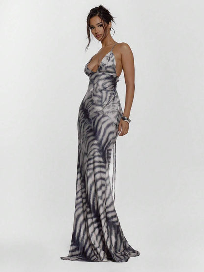 MUSERA – Robe maxi ajustée avec laçage et imprimé animal