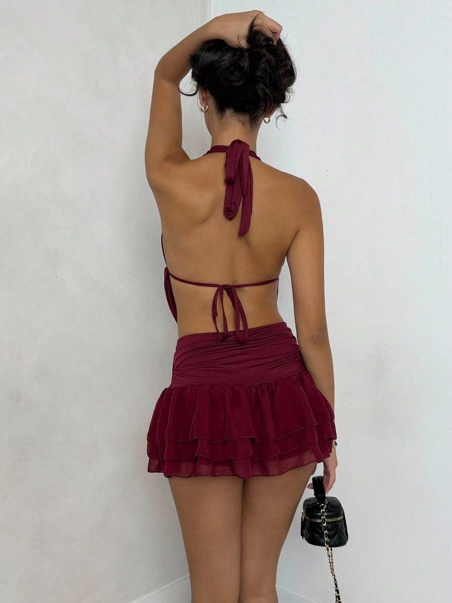 SHEIN Glamour – Ensemble jupe mini asymétrique dos nu, col en V, sans manches