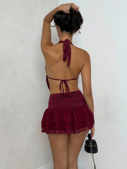 SHEIN Glamour – Ensemble jupe mini asymétrique dos nu, col en V, sans manches