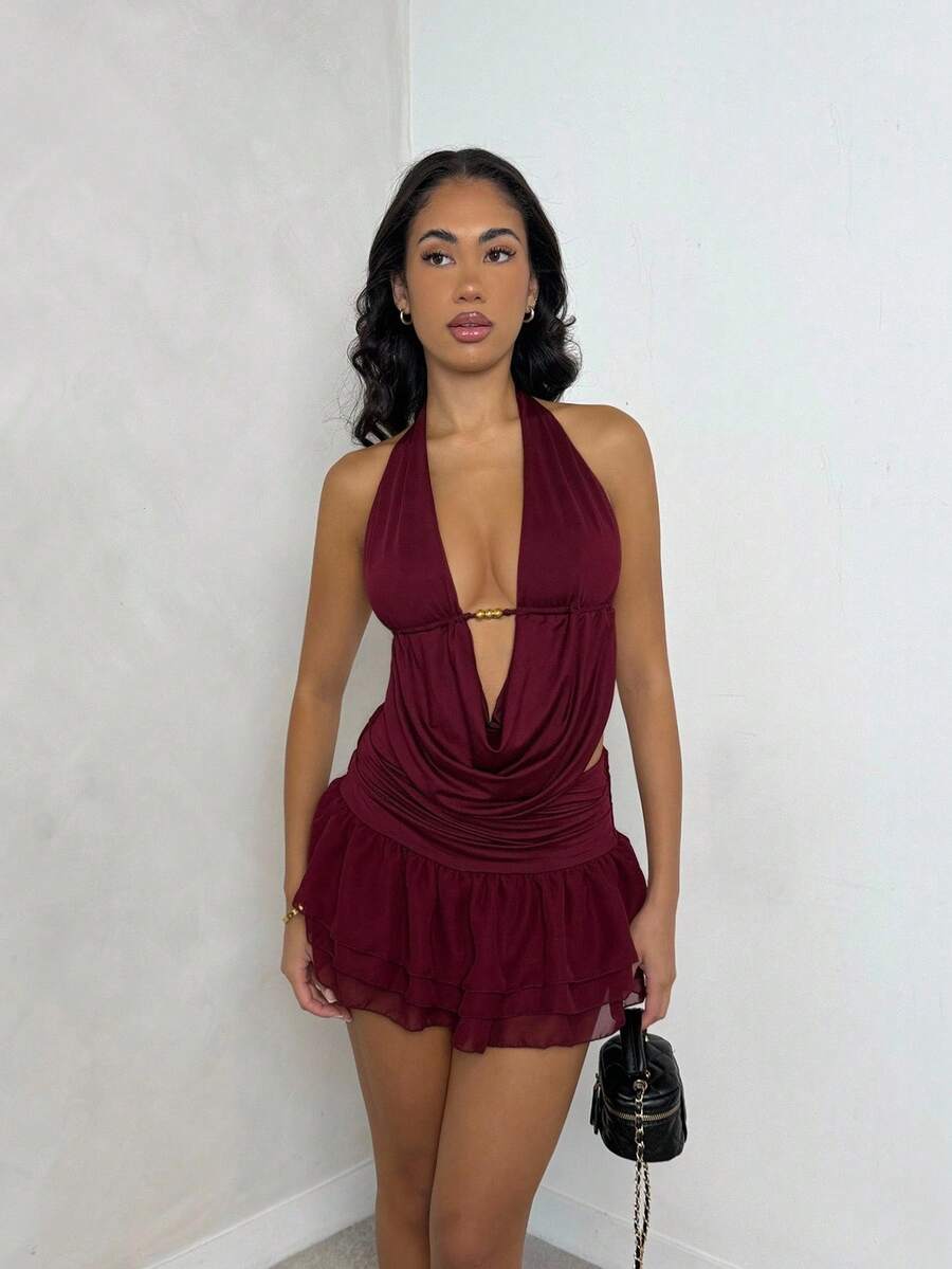 SHEIN Glamour – Ensemble jupe mini asymétrique dos nu, col en V, sans manches