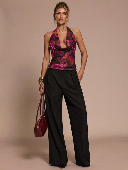 SHEIN BAE – Top décontracté à col ras-du-cou en tissu léger et imprimé floral