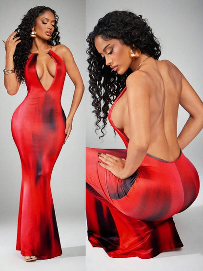 Radiana – Robe sirène ajustée à décolleté en V et design tie-dye