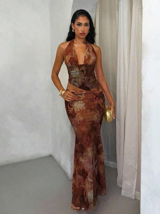 Glamine - Ensemble vacances fleuri Top court noué et jupe asymétrique à volants