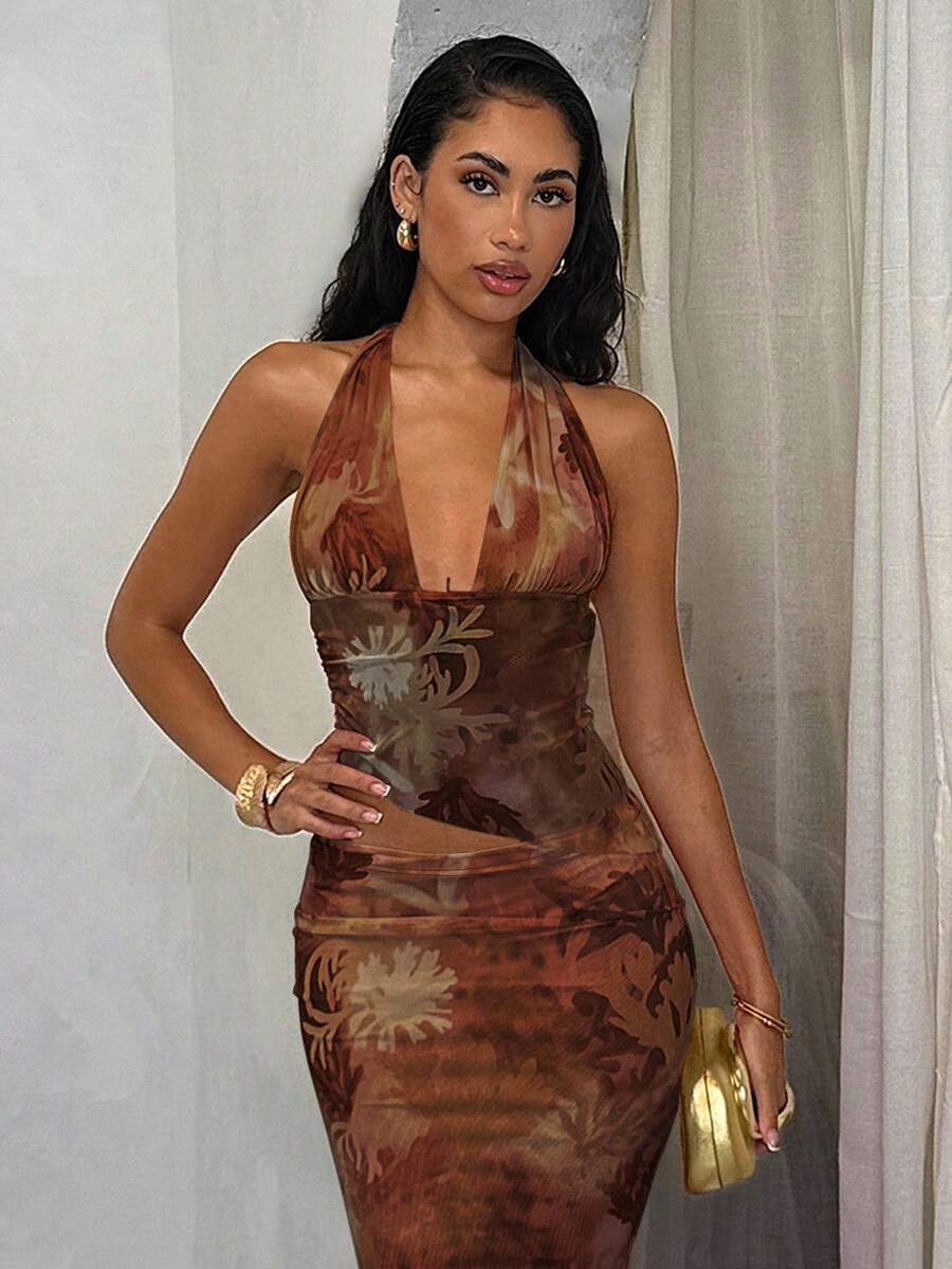 Glamine - Ensemble vacances fleuri Top court noué et jupe asymétrique à volants