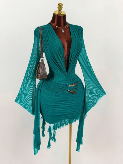 Amplova – Robe mini en maille à manches longues et col volanté