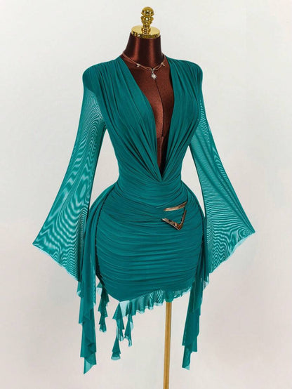 Amplova – Robe mini en maille à manches longues et col volanté