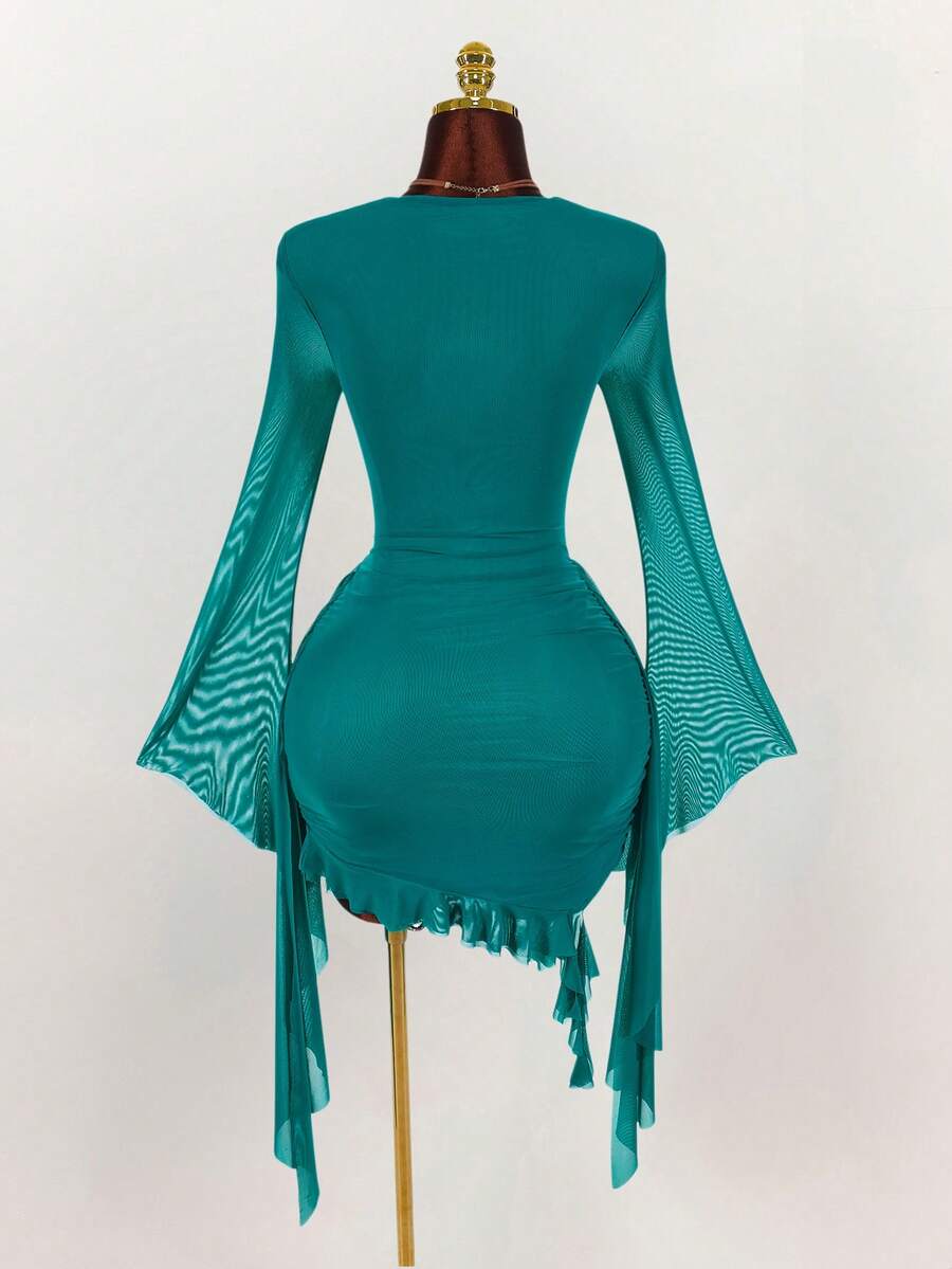 Amplova – Robe mini en maille à manches longues et col volanté