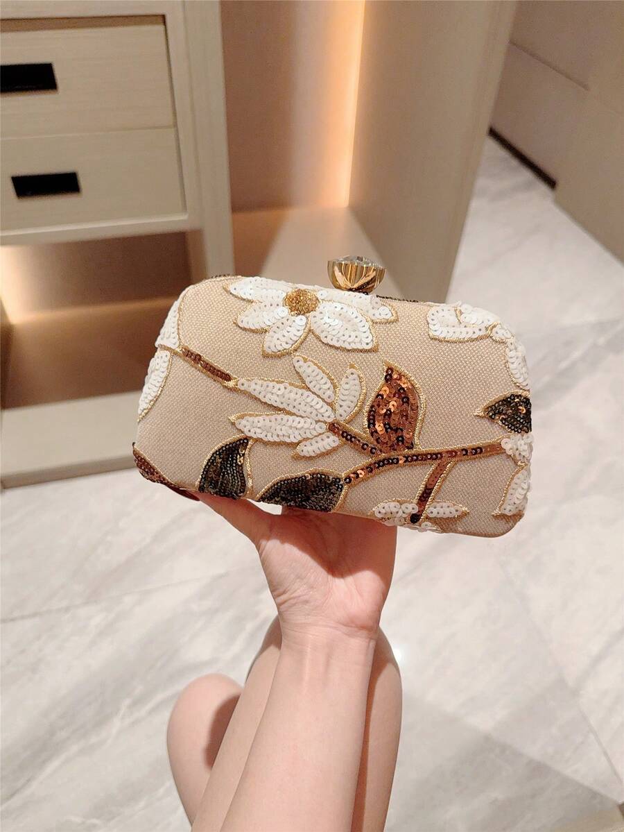 SHEIN - sac à main vintage à design floral brodé avec sequins et chaîne pour soirées