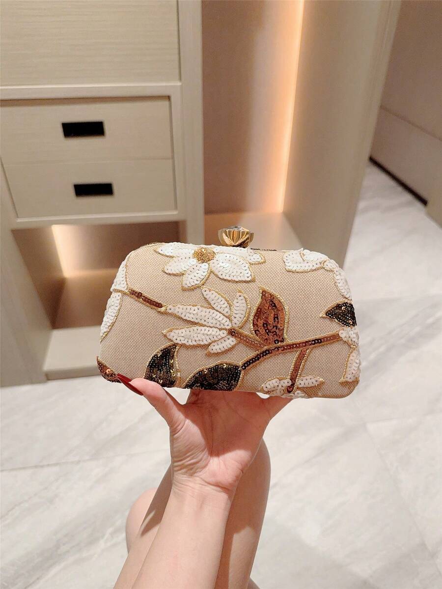 SHEIN - sac à main vintage à design floral brodé avec sequins et chaîne pour soirées