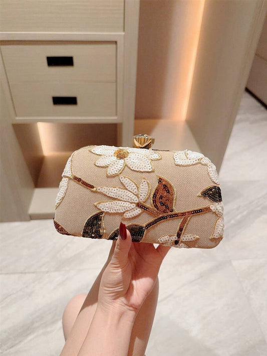 SHEIN - sac à main vintage à design floral brodé avec sequins et chaîne pour soirées