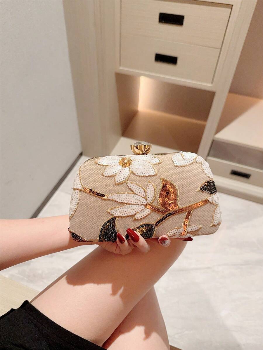 SHEIN - sac à main vintage à design floral brodé avec sequins et chaîne pour soirées