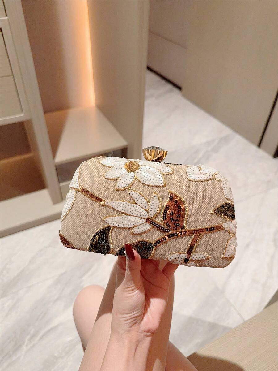 SHEIN - sac à main vintage à design floral brodé avec sequins et chaîne pour soirées