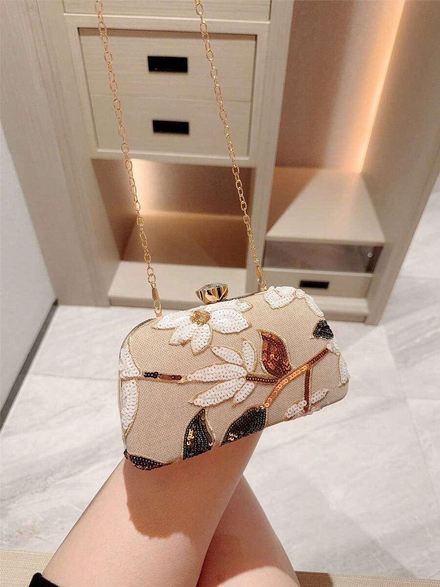 SHEIN - sac à main vintage à design floral brodé avec sequins et chaîne pour soirées