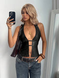 Aloruh – Top femme en PU avec encolure ras-du-cou et fente latérale