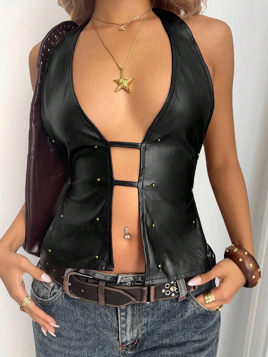 Aloruh – Top femme en PU avec encolure ras-du-cou et fente latérale