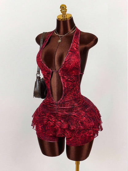 Amplova – Body sexy à imprimé animal, col ras-du-cou et décolleté plongeant