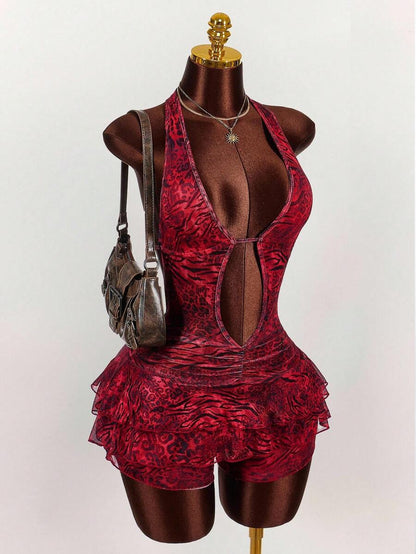 Amplova – Body sexy à imprimé animal, col ras-du-cou et décolleté plongeant