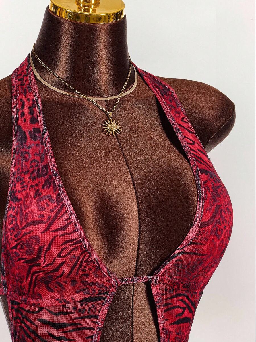 Amplova – Body sexy à imprimé animal, col ras-du-cou et décolleté plongeant