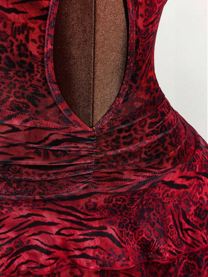 Amplova – Body sexy à imprimé animal, col ras-du-cou et décolleté plongeant