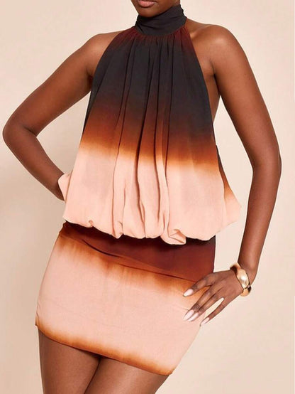 PLT - bouffant en mousseline de soie chocolat imprimé dégradé à dos nu