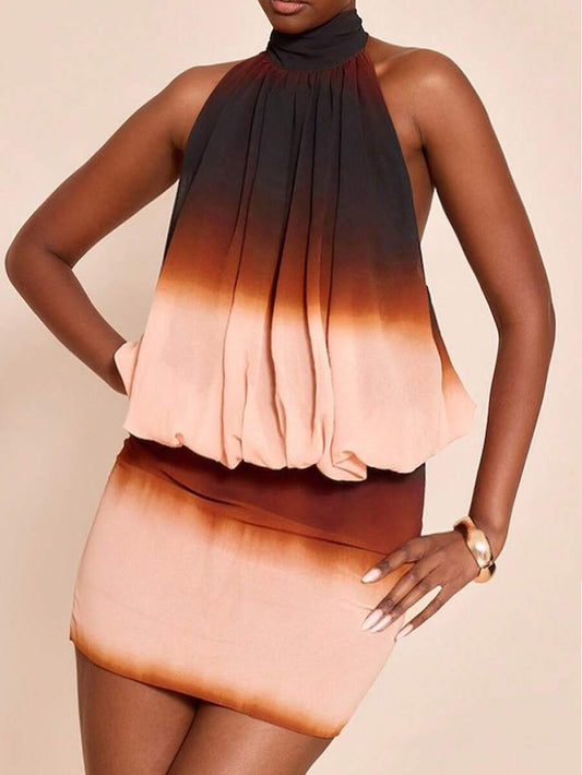 PLT - bouffant en mousseline de soie chocolat imprimé dégradé à dos nu