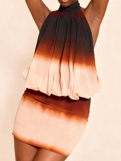 PLT - bouffant en mousseline de soie chocolat imprimé dégradé à dos nu