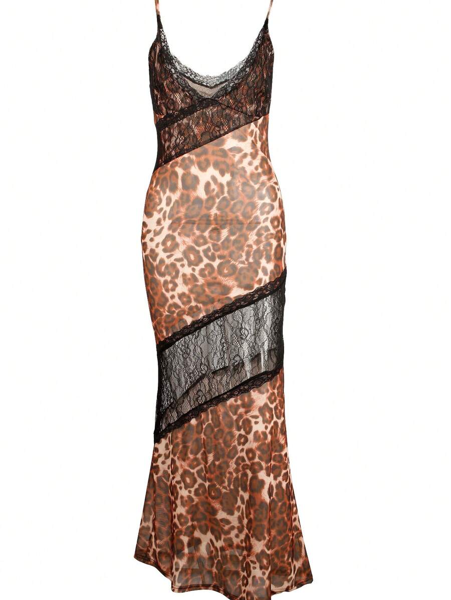 SHEIN - Robe moulante Patchwork transparent et manches courtes, imprimé léopard