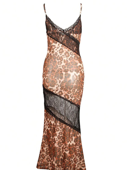 SHEIN - Robe moulante Patchwork transparent et manches courtes, imprimé léopard