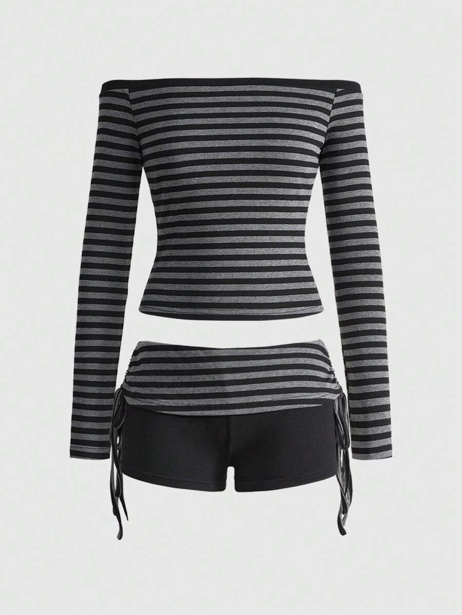 Bachina – Top manches longues à épaules dénudées et culottes (entièrement rayé comme le haut)
