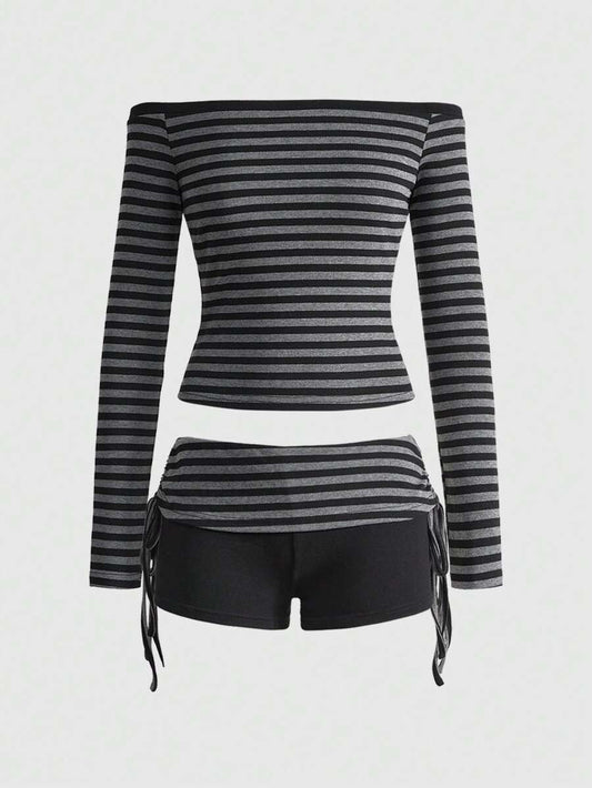Bachina – Top manches longues à épaules dénudées et culottes (entièrement rayé comme le haut)
