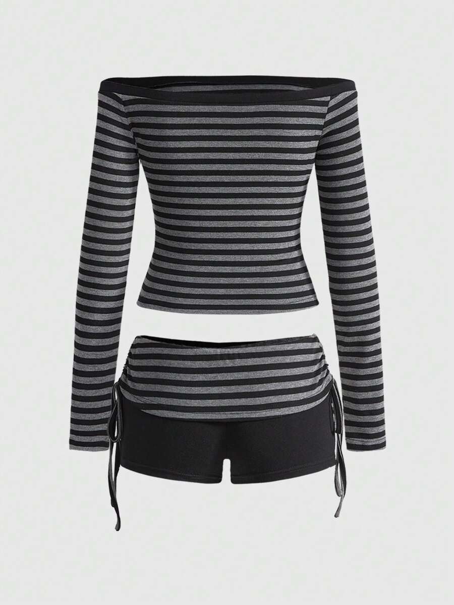 Bachina – Top manches longues à épaules dénudées et culottes (entièrement rayé comme le haut)